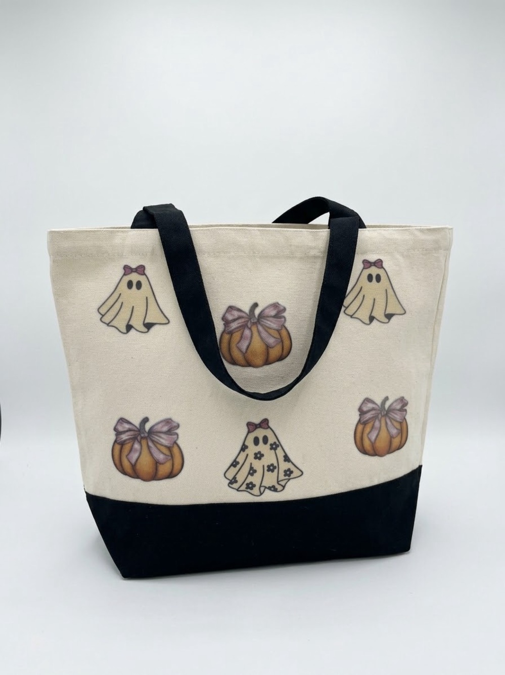 Canvas Pumpkin & Ghost Print Tote Bag - Cream and Black, NEW